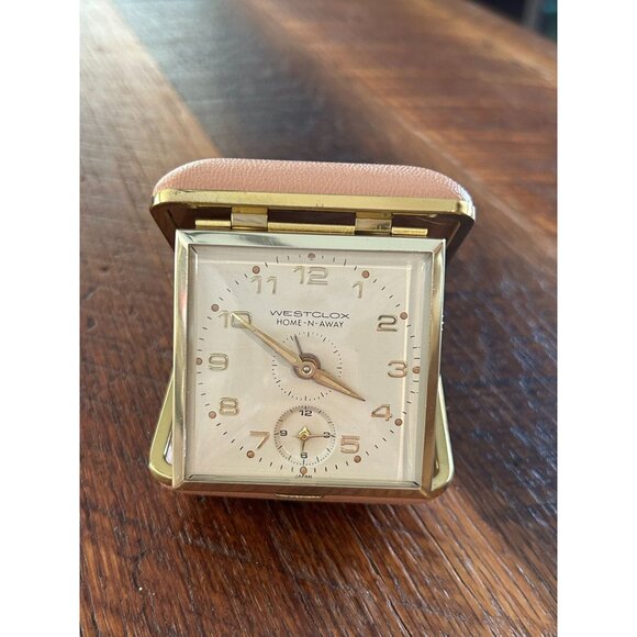 Vintage Westclox Home-N-Away Alarm Travel Clock In Faux Leather Case Gold-Tone F - Picture 1 of 10